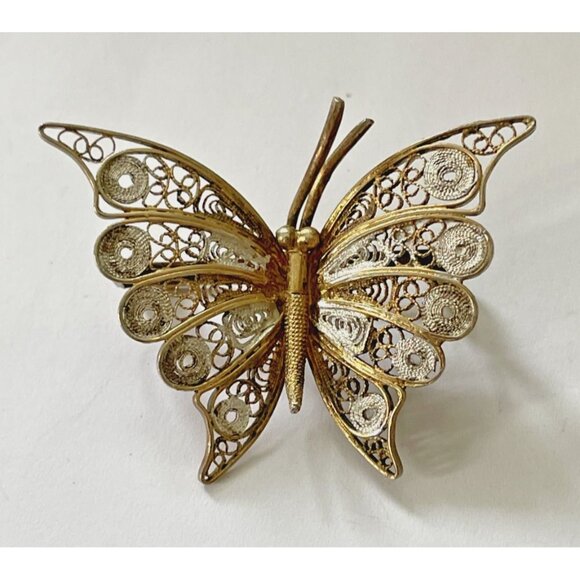 Two Tone Butterfly Brooch 800 Silver Cannetille Spun Silver Gold Silver Color - Picture 5 of 7
